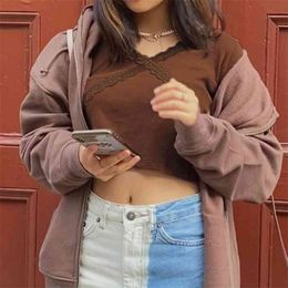 Brown Ribbed Y2K Crop Top Cross Lace Patched Women's T-shirts Harajuku Long Sleeve Knitwear Sexy V-Neck VintageTee Shirt 210510