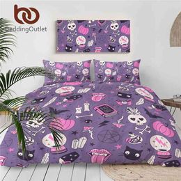 BeddingOutlet Black Magic Bedding Set Witchcraft Bedspread Crystal Ball Duvet Cover Skull Bats Bed Witching Purple Bedlinen 210721