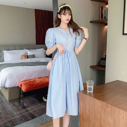 Women Summer Dress Plain Puff Sleeve Single-Breasted Button Slim Elegant Office Lady es For 210529