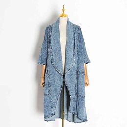 Trenchcoats Women's Fashion Clothing Autumn Trend Ladies Long Denim Jacket Chic Casual Light Blue Windbreaker 210510