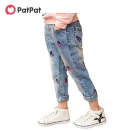 Spring and Summer Autumn Cherry Embroidered Jeans for Kid Bottoms Girl Kids Clothes 210528
