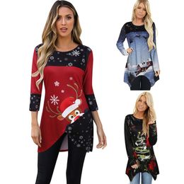 Autumn Women T-shirts Tops Fashion Christmas O Neck Long Sleeve Tees Casual Snow Deer Print Irregular Hem Medium Length T-shirts 210412