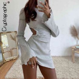 Cryptographic Autumn Draped Flare Sleeve Cut-Out Mini Dresses Knitting Round Neck Ruched Dress Skinny Chic Casual Streetwear X0521