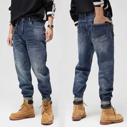 Ly Designer Fashion Men Jeans Loose Fit Elastic Retro Blue Wide Leg Ripped Streetwear Hip Hop Splashed Denim Pants