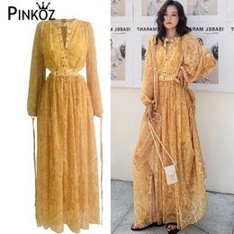 Boho Floral Printed Holiday Long Dress Hollow out Yellow Chiffon Party Maxi Dresses Spring Summer Vestidos De Fiesta 210421