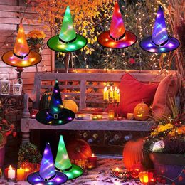 hanging hat NZ - 1pcs Halloween Witch Hat with Led Light Glowing Witches Hat Hanging Halloween Decor Suspension Tree Glowing Hat for Kids Q0805