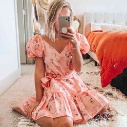 Jastie Women Elegant Floral Print Puff Sleeve Mini Dress Sexy V-Neck Casual Belt Beach Dresses Boho Summer Female Vestidos 210419