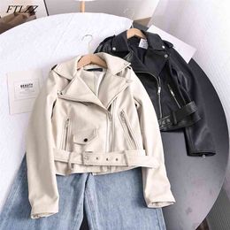 Spring Soft Faux Leather Short Jacket with Belt Autumn Women Lapel Pu Coat Black Zipper Moto Biker Outwear 210430