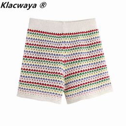 Summer Women Colour Stripes Knitted Shorts Female Hollow Elastic High Waist Casual Short Pants 210521