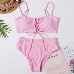 Bikinis Women High Waist Swimsuit Solid Summer Swimwear Swimming Suit Beachwear Bathing Biquine Bandeau 210630