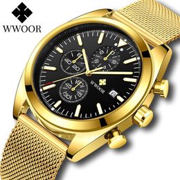 WWOOR Luxury Gold Black Watch For Men Fashion Waterproof Luminous Quartz Wristwatches Sports Chronograph Relogio Masculino 210527