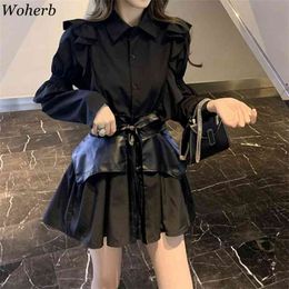 Casual Black Dress Women Sweet Ruffle Shirt + PU Leather Belt Korean Ladies Sexy Mini es Ropa De Mujer 210519