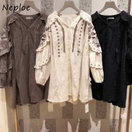 Neploe Loose Cute Lantern Long Sleeve Women Dresses Chic Hollow Out Embroidery Dress Spring V Neck Drawstring Vestidos 210510