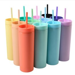 16oz High Quality Mugs Double Layer Plastic Frosted Rubber Paint Water Cup Straight Body Straw Cup XG0379