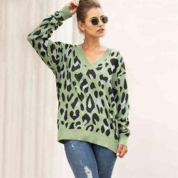 Foridol v neck leopard print oversized pullover female autumn winter casual loose sweater jumper streetwear pull femme 210415