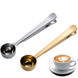 Stainless Steel Ground Coffee Measuring Scoop Spoons With Bag Seal Clip Black Gold Silver Color Ice Cream Spoon ZZA7332