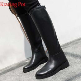 Krazing Pot cow leather high quality round toe riding equestrian boots zipper buckle straps concise designer thigh high boots 210911