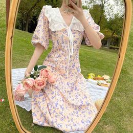 French Vintage Elegant Floral Print Long Summer Dress Women Chic Sweet Cute Boho Beach Holiday Party Female Vestido Mujer 210514