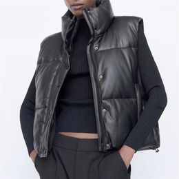 ZA women Black Warm Faux Leather Vest Coat Casual Zipper Sleeveless Jacket Female Short Cotton Outwear 210909