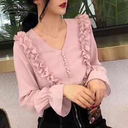 Chiffon Blouses Women Autumn Fashion Long Sleeve V-neck Pink Shirt Office Blouse Casual Tops Female Plus Size 6984 50 210521