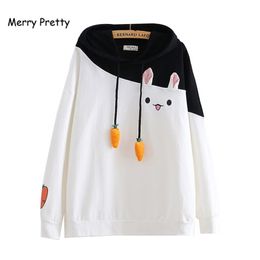 Merry Pretty Women Hoodies Animal Lovely Pullover Kawaii Rabbit Sweatshirt Cute Bunny Graphic Outerwear Pink Black Hoodie Girls 210809