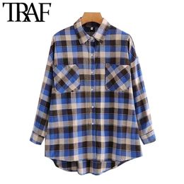 Women Fashion With Pockets Oversized Check Blouses Vintage Long Sleeve Button-up Female Shirts Blusas Chic Tops 210507