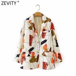 Zevity women vintage abstract printing blazer long sleeve office ladies causal single breasted suits outwear coat tops CT554 210603