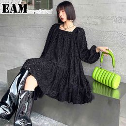 [EAM] Women Black Big Size Hollow Out Ruffle Dress Square Neck Long Puff Sleeve Loose Fit Fashion Spring Summer 1DD7051 21512