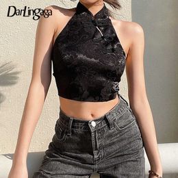 Darlingaga Chinese Style Elegant Jacquard Black Halter Top Backless Lace Up Bow Summer Tank Top Women Sexy Vest Gothic Crop Tops Y0824