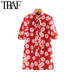 TRAF Women Chic Fashion Floral Print Mini Dress Vintage Bow Tie Collar Short Sleeve Female Dresses Vestidos Mujer 210415