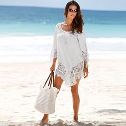 White Lace Cover Ups Swimwear Summer Sexy Bikini Pareo Beach Beachwear Women Dress Bathing Suit up #Q425 210420