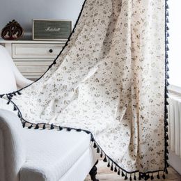 Curtain & Drapes Pastoral Dandelion Pattern Black Tassel Cotton Linen Semi Shading Bedroom Bay Window Living Room Home Decor