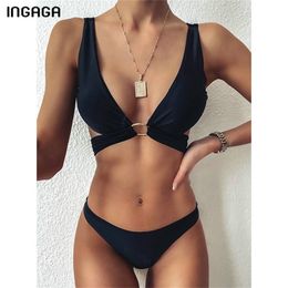 INGAGA Black Bikinis Swimsuits Cross Bandage Swimwear Women Solid Push Up Biquini Bathing Suit Women Sexy Padded Beach Wear 210407