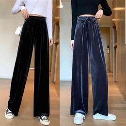 Women Thick Velvet Wide Leg Pants New Autumn Winter Korean Casual Elastic High Waist Straight Pant Plus Size Black Loose Trouser 210412
