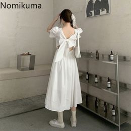 Nomikuma Summer Korean Style Dress Women Temperament Puff Sleeve Backless Bow Knot Chic Dresses Vestidos Mujer 210514