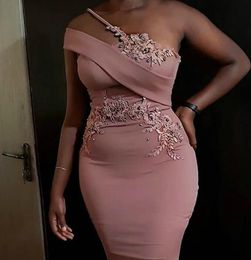 Rose Pink Mermaid Long Bridesmaid Dresses 2022 One-shoulder Lace Beaded African Nigerian Arabic Aso Ebi Junior Maid of Honour Weddi276C