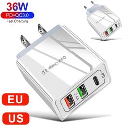 iphone 10 charger Canada - Quick Charging Type c PD QC3.0 Eu US 3 Ports Wall Charger 36W Power Adapter For Iphone 13 12 Samsung s10 s20 note 10 htc pc android phone