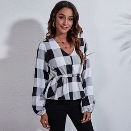 Women's T-Shirt new white-black lattice Lantern long sleeve waist closing V-Neck top printed chiffon shirt