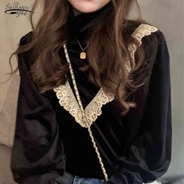 Autumn Office Lady Elegant Long Sleeve Pullover Shirts Vintage Black Velour Women Blouse with Lace Solid Female Clothing 12494 210521