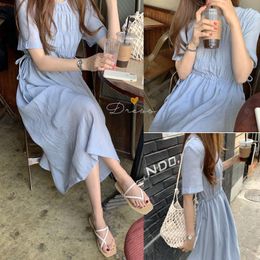 wrinkle Summer Women Cotton Linen Casual short Sleeve Dresses Female Dress o neck Solid blue Boho Robe Femme 210417