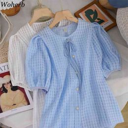 Elegance Chic Chiffon Blouse All Match Casual Puff Sleeve Tops Loose Girls Sweet Summer Short Sleeves Blusas 210519