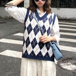 Spring Autumn Casual Loose Sweater Vest Women Pullover Argyle Sweet Sleeveless Plaid Knitted s Female 11832 210427