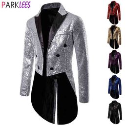 Silver Sequins Glitter Tailcoat Suit Jacket Men Halloween Costume Homme Party Stage Performance Blazer Male 210522