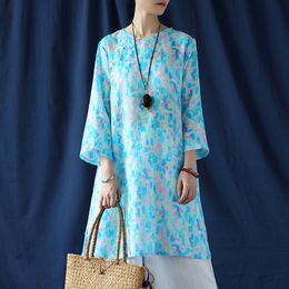 Johnature Women Print Floral Shirts V-Neck Seven Sleeve Blouses Button Autumn Blue Female Clothes Vintage Shirts Tops 210521