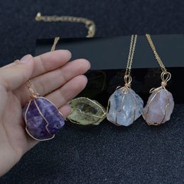 Crystal Wire Natural stone necklace stainless steel chain Irregular Quartz Agate Gemstone pendant women necklaces fashion jewelry will and sandy gift