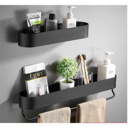 Black Bathroom Shelf 30/40/50 cm Kitchen Wall Shelves Shower Basket Storage Rack Towel Bar Robe Hooks Accessories 211112