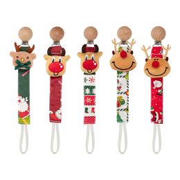 Baby Pacifier Holder with Wood Clip Soft Cotton Snowman Gift Box Print Pacifier Chain Infant Dummy Soother Teething Toy Holder Christmas Style