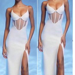 Women Sexy Designer Lace Mesh V Neck Long White Bandage Dress Elegant Evening Club Prom Celebrity Split Party Vestido 210527