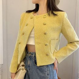 Women's Jackets Fall Winter French Double Breasted Tweed Jacket Yellow Elegant Pocket Design Coat Top Casaco Outwear Tops