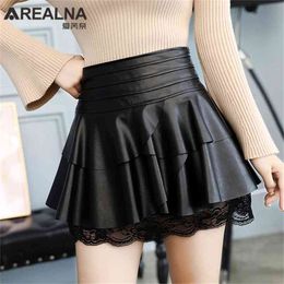 Womens Ruffles High Waist Skirt Autumn Female Sexy Party Black PU Leather Short Skirts Lace Patchwork Mini Tutu Skirts Plus Size 210412